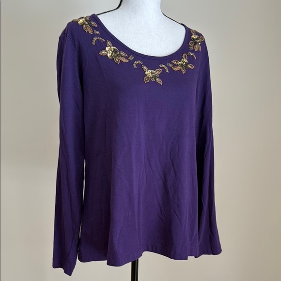 Chico's New NWT Purple Embroidered Sequin Neckline Women's Knit Top 2 L 12 - Picture 1 of 7